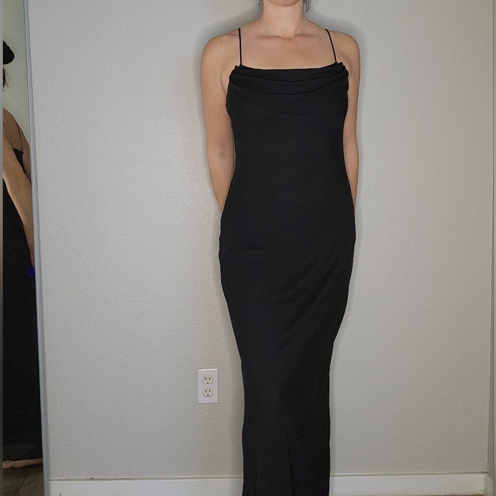 Onyx Nite Vintage 90s Long Black Cowl Neck Gown Dress Size 8 - Picture 2 of 7